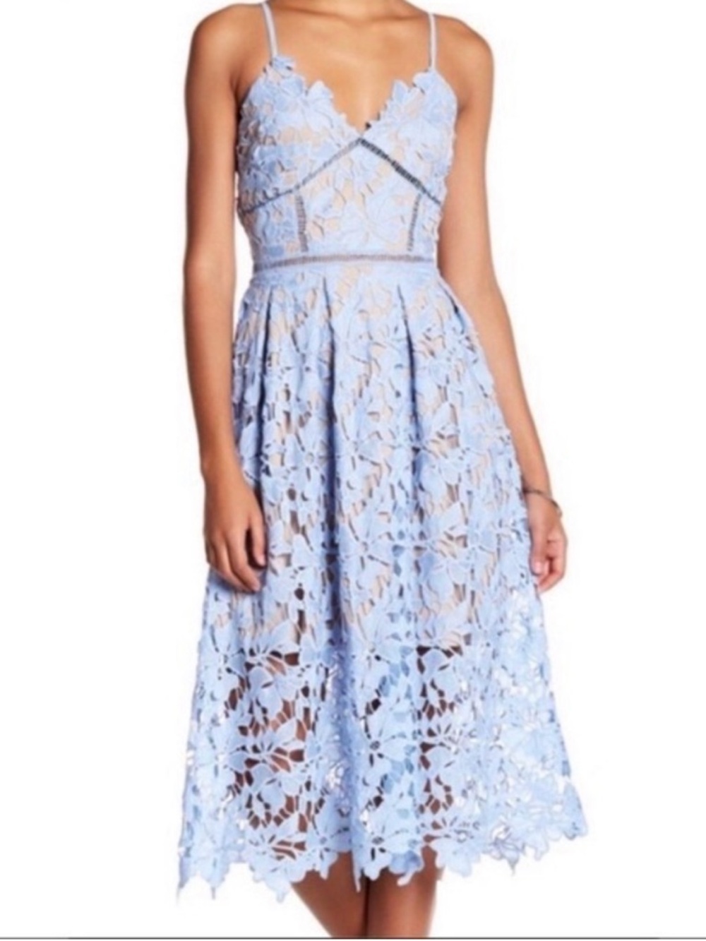 Scalloped Lace Midi Dress in Light Blue with Spaghetti Straps